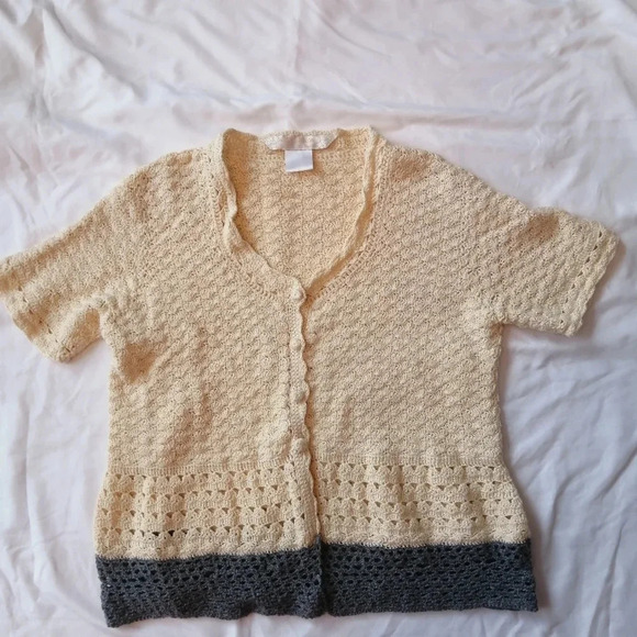 Vintage Scalloped Knit Short Sleeve Button Cardigan Cottage Grandma Small - Picture 13 of 16